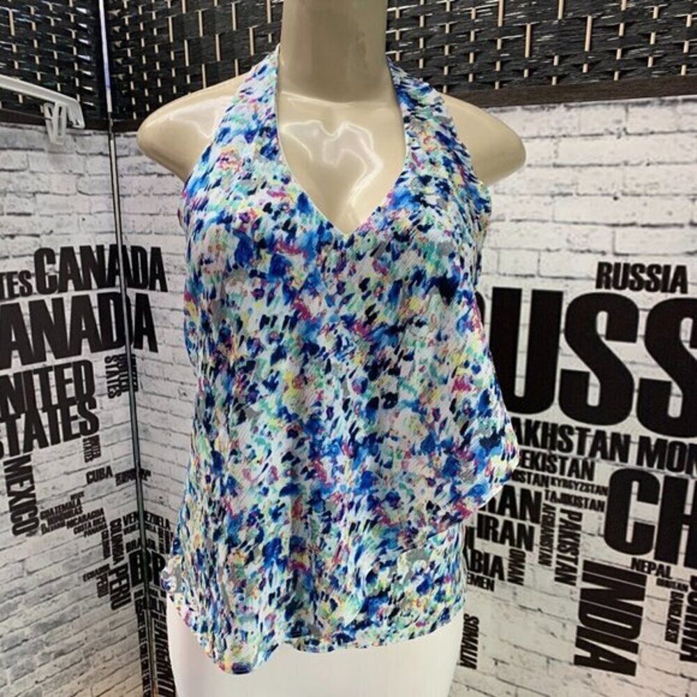 Ann Taylor 0 Blue Print Lined Draped Side Tank Top